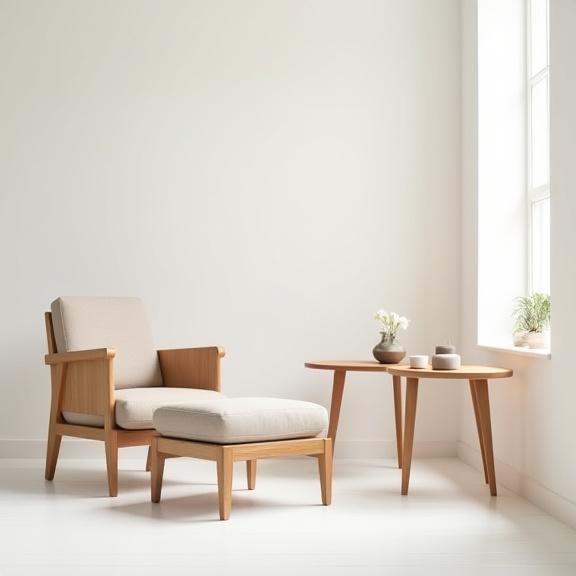 미니멀한 디자인의 목제 의자와 테이블