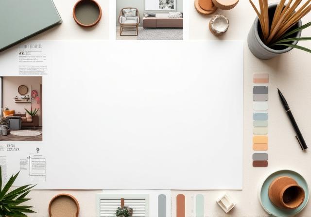 인테리어 컨셉을 보여주는 무드보드와 자재 샘플
