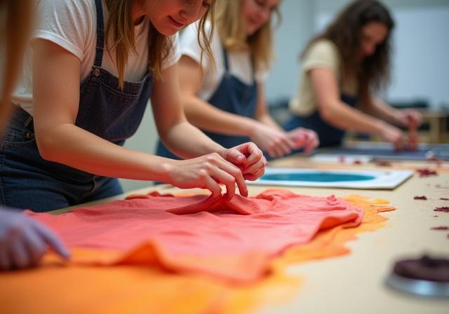 워크숍에서 패브릭 염색을 배우는 참가자들